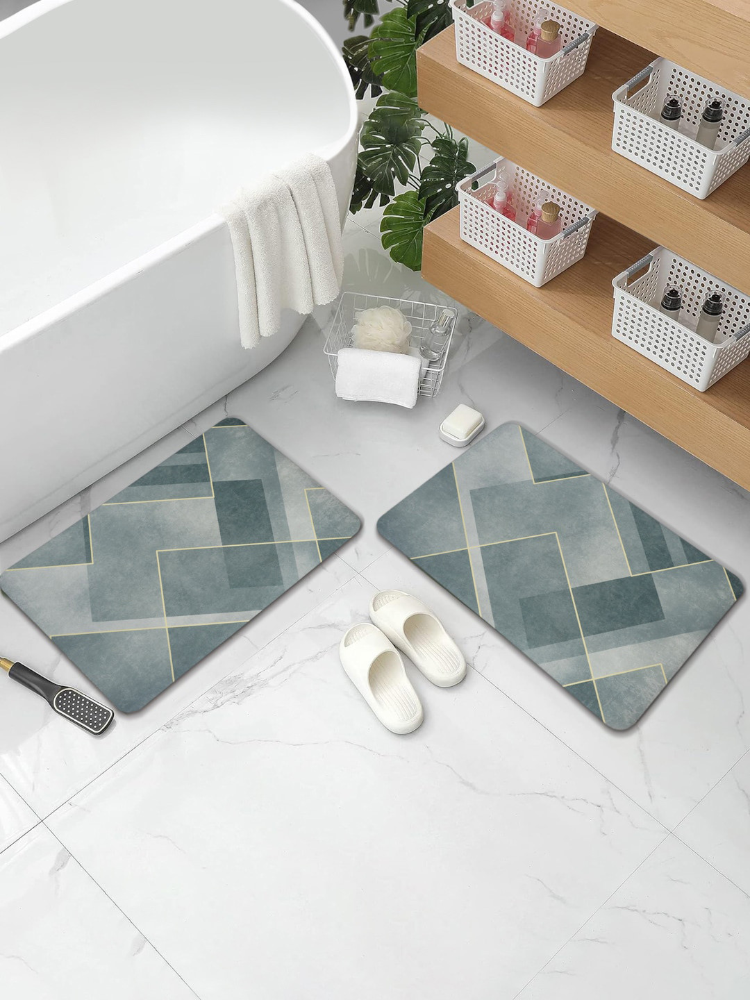 Aura 2-Pcs Grey Geometric Printed Water Absorbent Bath Rugs