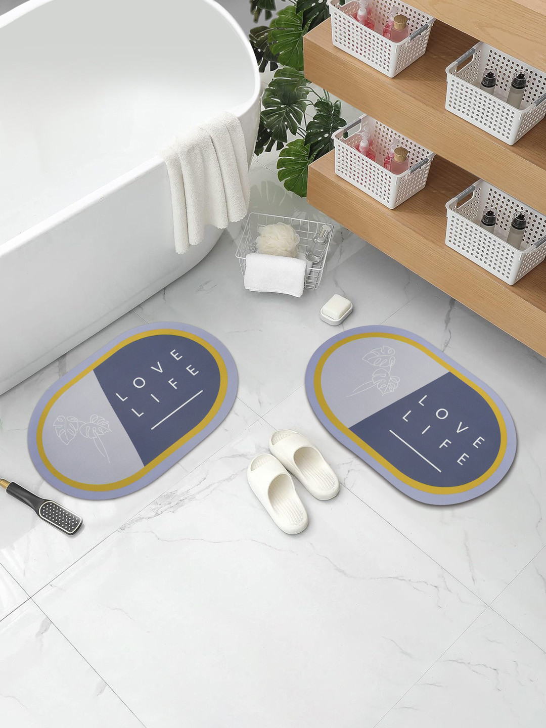 Aura 2-Pcs Blue & Yellow Abstract Printed Water Absorbent Bath Rugs