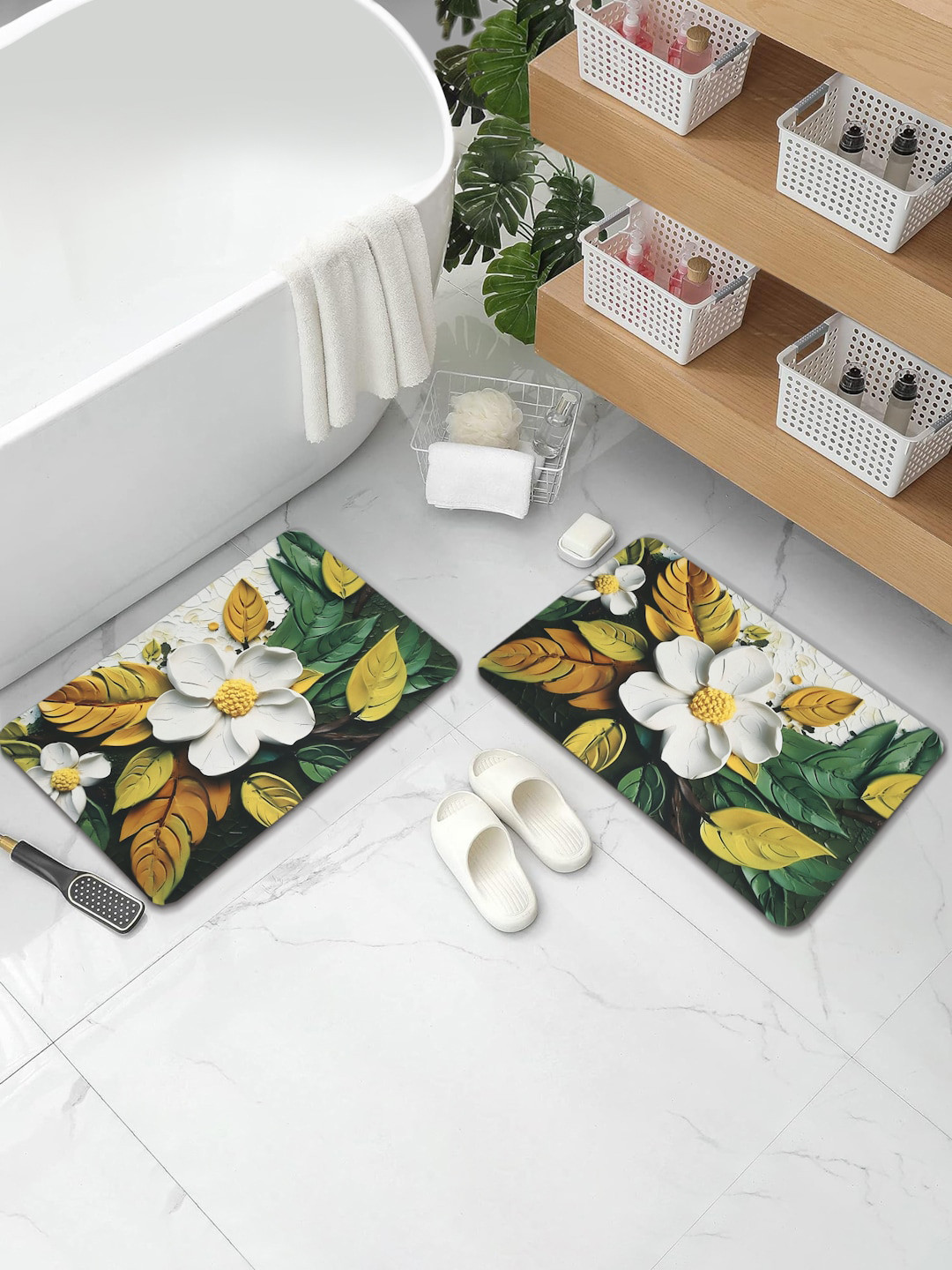 Aura 2-Pcs Yellow 7 White Floral Printed Water Absorbent Bath Rugs