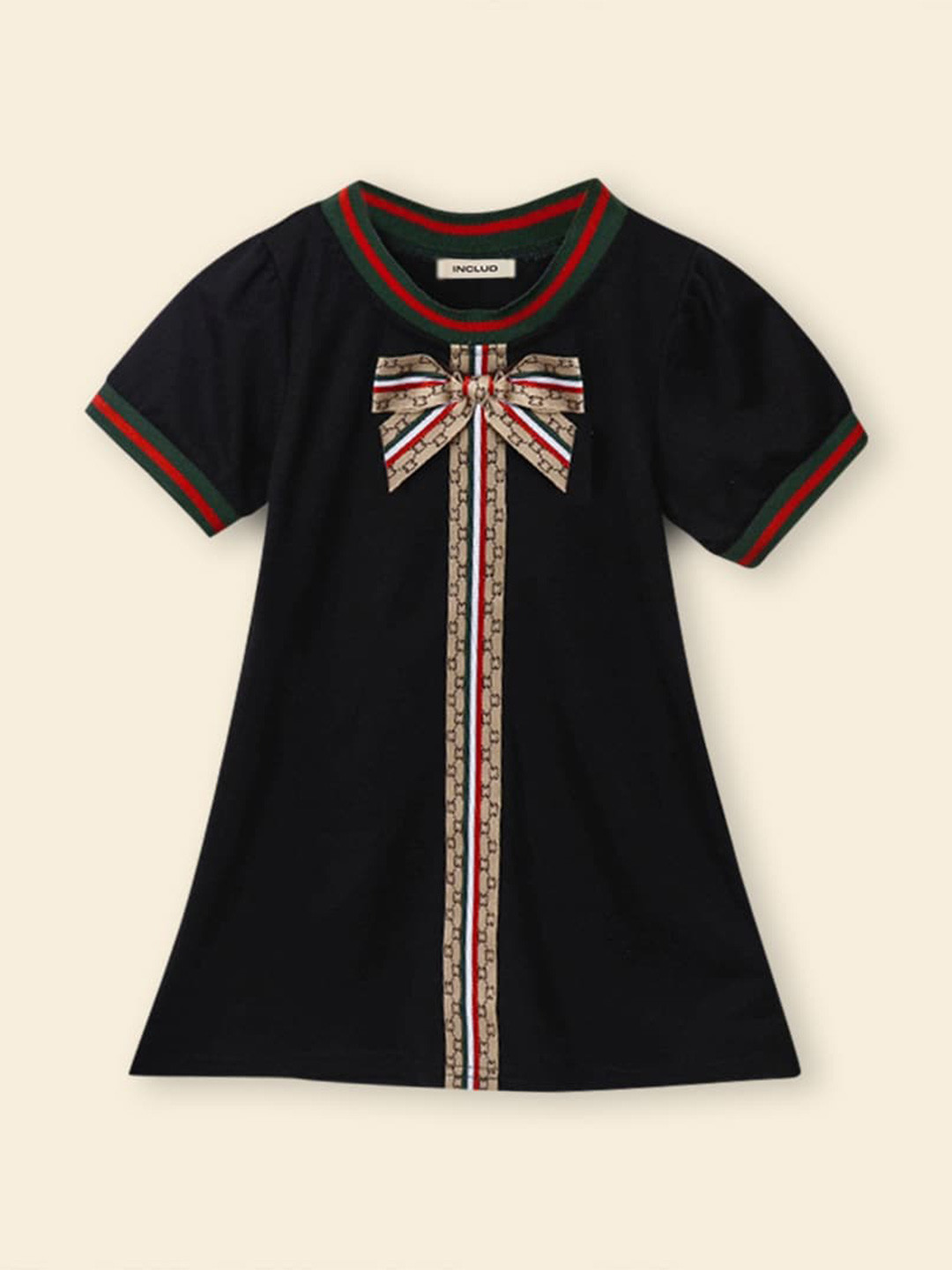 INCLUD Girls Cotton A-Line Dress With Bow Applique