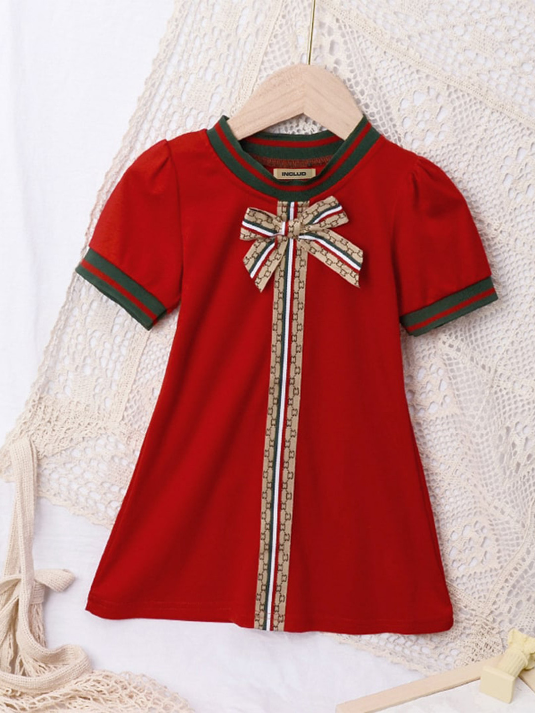 INCLUD Girls Round Neck Bow Applique Cotton A-Line Dress