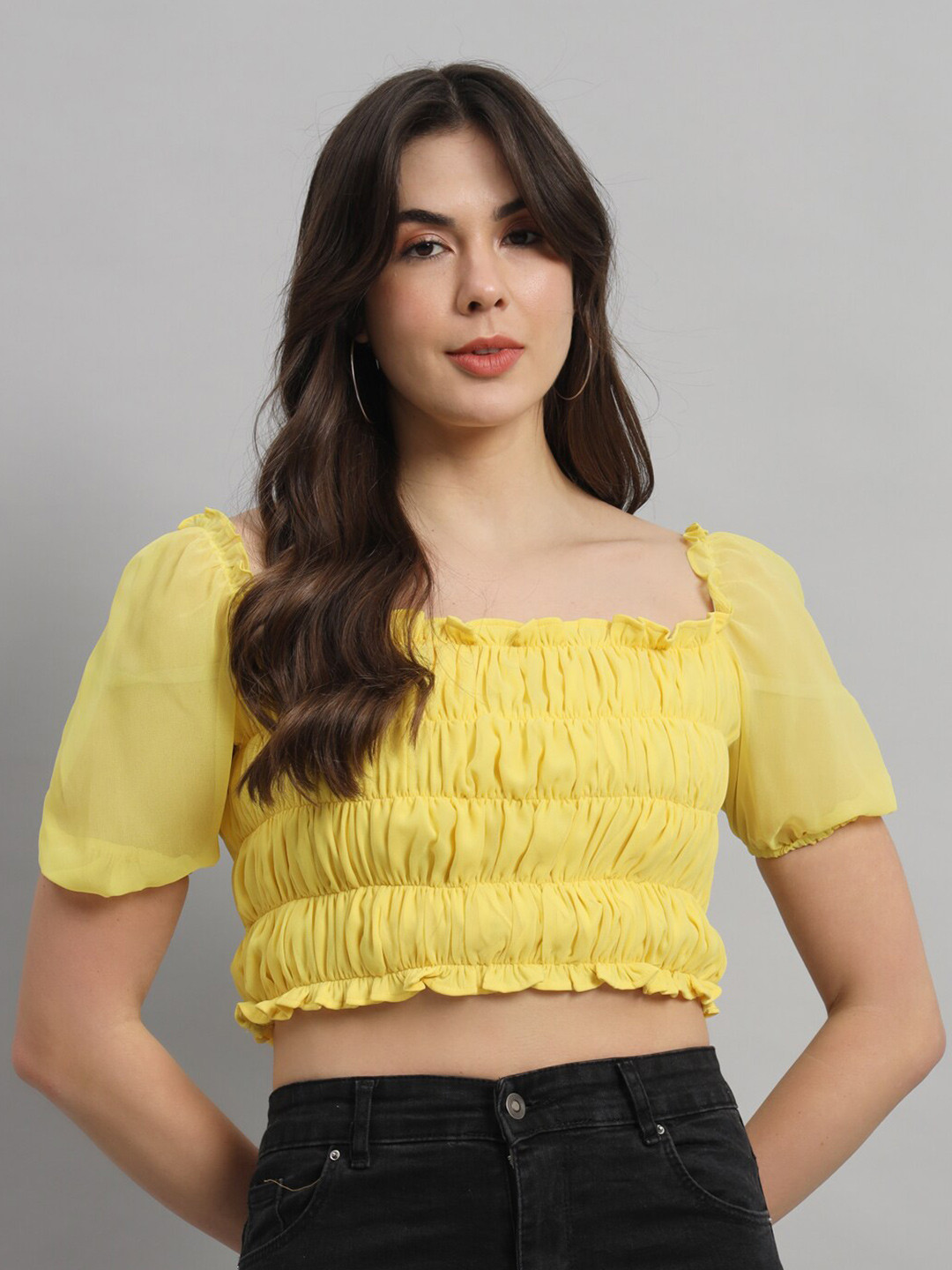 Cation Square Neck Puff Sleeve Smocked Georgette Top