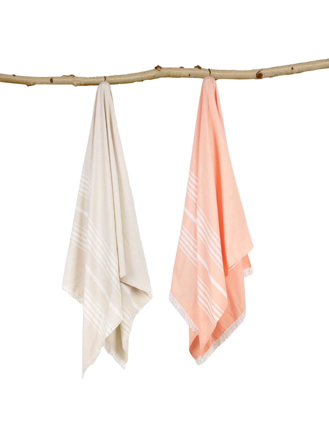 MUSH Peach Coloured & Beige 2 Pieces Striped Bamboo 250 GSM Bath Towels