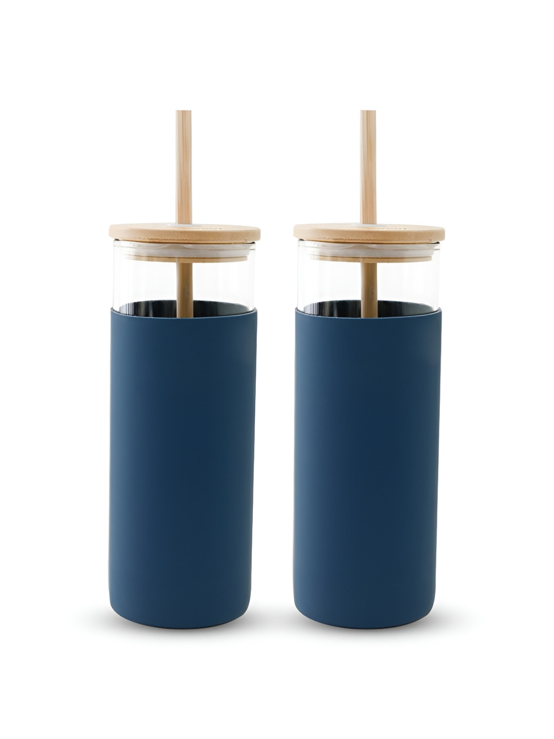 The Better Home Navy Blue 2 Pieces Glass Tumbler With Lid & Straw 450 ml Each