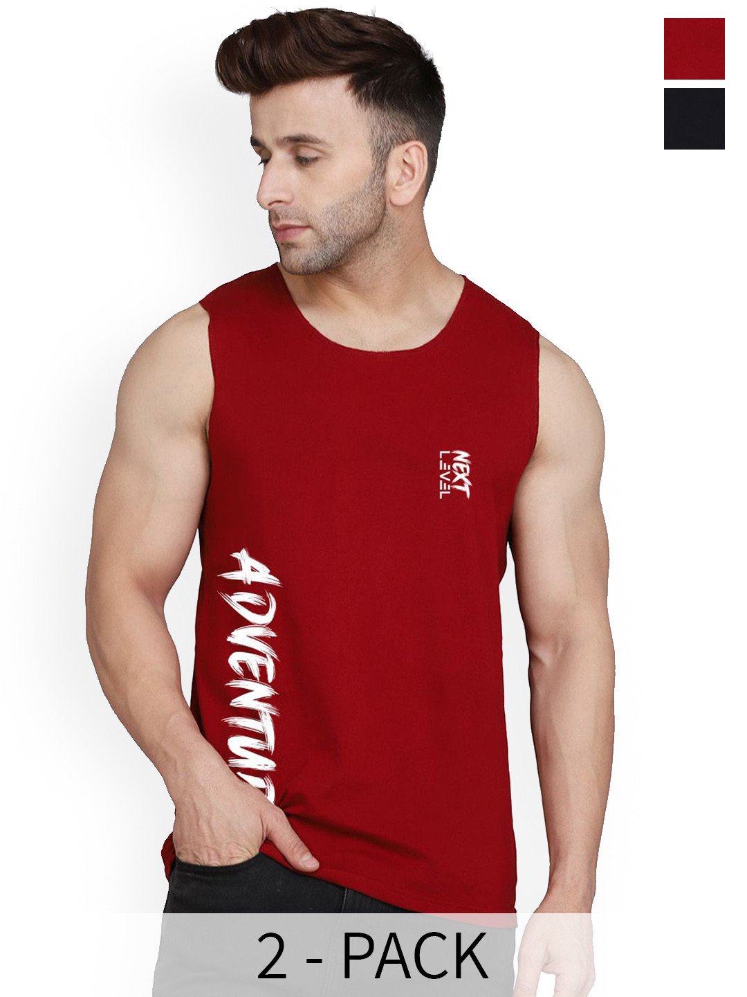SLOWLORIS Pack Of 2 Printed Gym Vest SL26 (BLACK KEEP) (MAROON ADV)
