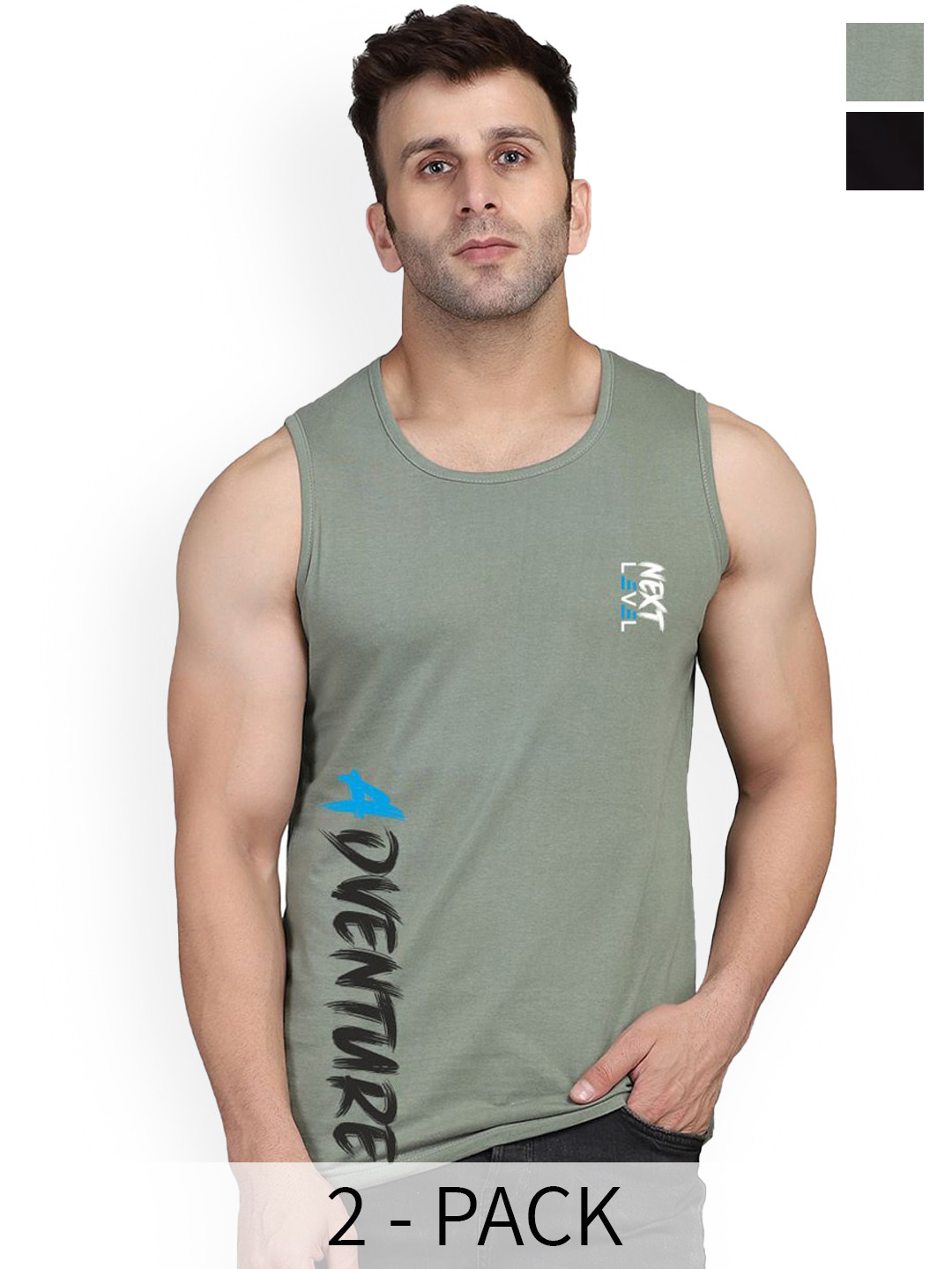 SLOWLORIS Pack Of 2 Printed Gym Vests SL26 (BLACK KEEP) (LGTGREEN ADV)