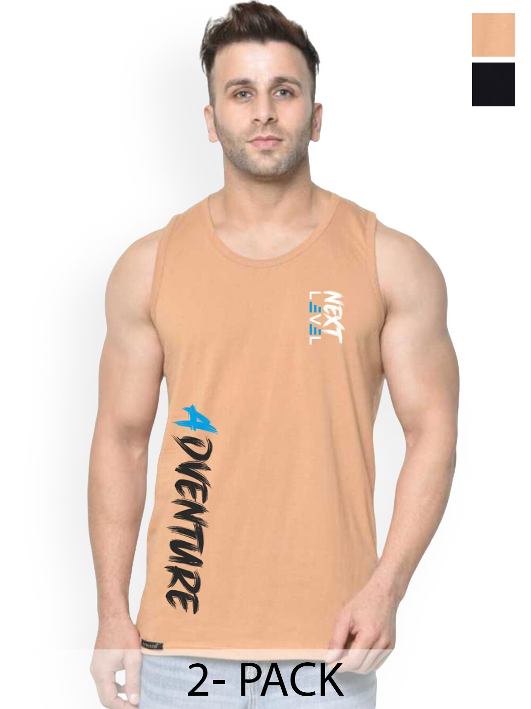 SLOWLORIS Pack Of 2 Printed Round Neck Innerwear Vests SL26 (BLACK KEEP) (RUST ADV)