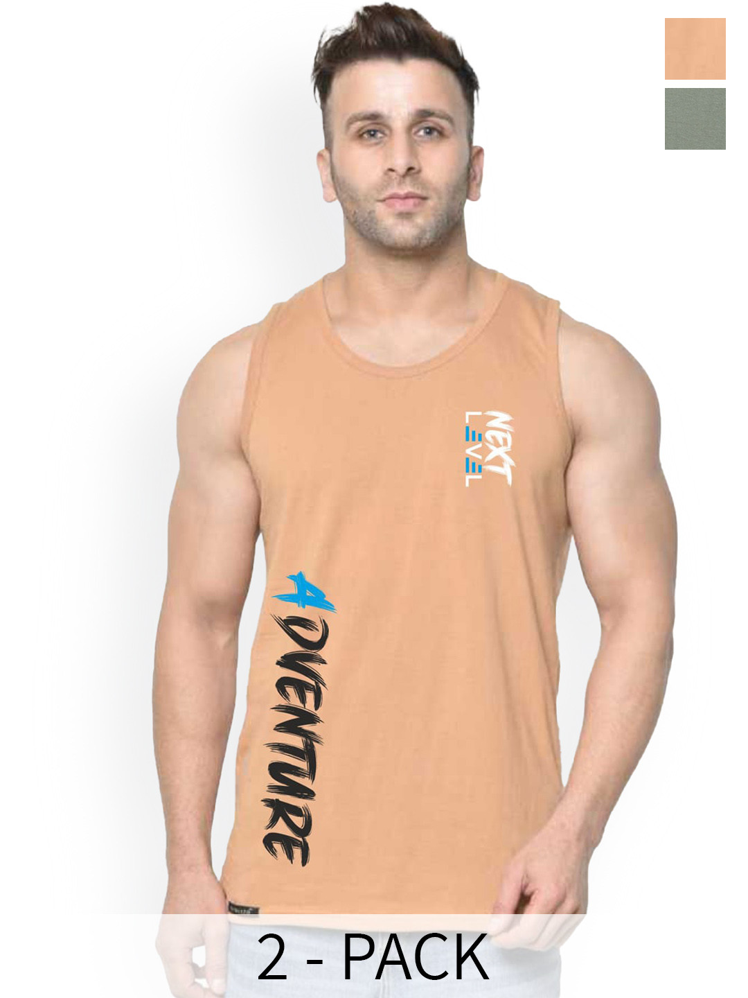 SLOWLORIS Pack Of 2 Printed Bio-Wash Innerwear Vests SL26 (LGTGREEN KEEP) (RUST ADV)