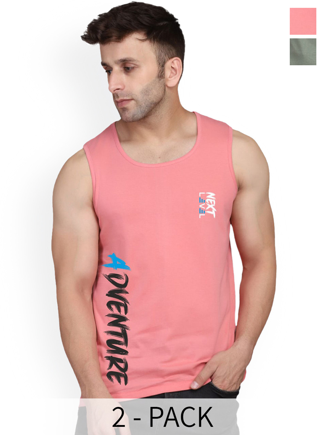 SLOWLORIS Pack Of 2 Printed Bio-Wash Innerwear Vests SL26 (LGTGREEN KEEP) (PEACH ADV)