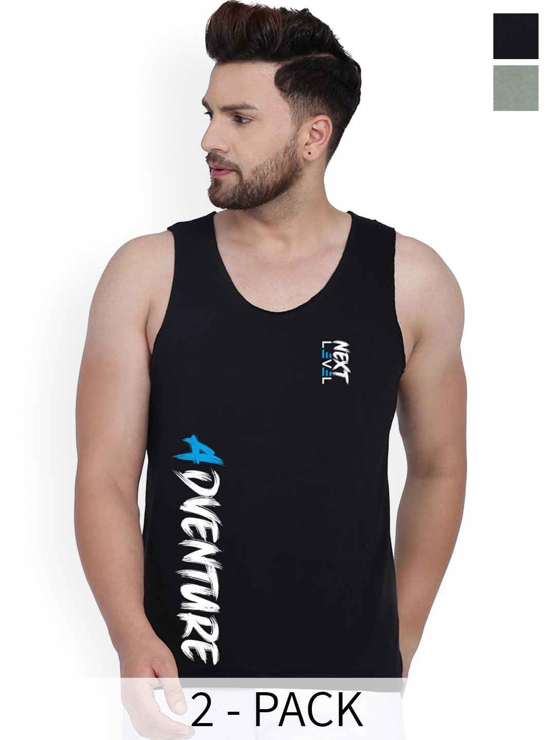 SLOWLORIS Men Pack Of 2 Printed Innerwear Vests SL26 (LGTGREEN KEEP) (BLACK ADV)