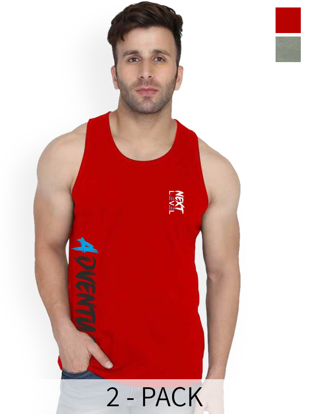 SLOWLORIS Pack Of 2 Rich Sleeveless Innerwear Vests SL26 (LGTGREEN KEEP) (RED ADV)