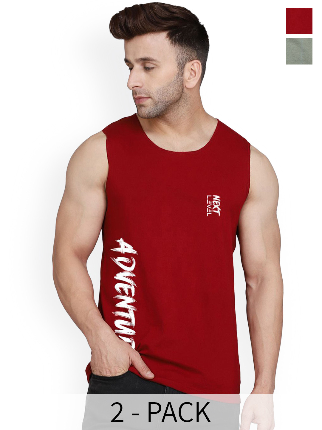 SLOWLORIS Pack Of 2 Printed Gym Vests SL26 (LGTGREEN KEEP) (MAROON ADV)