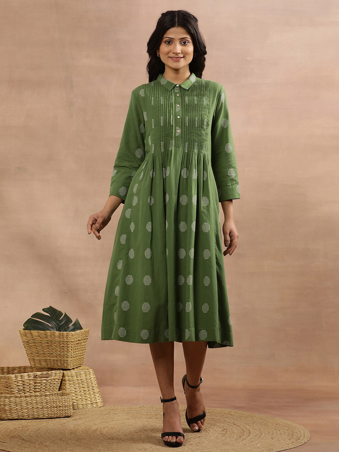 W Green Geometric Printed Shirt Collar A-Line Midi Dress