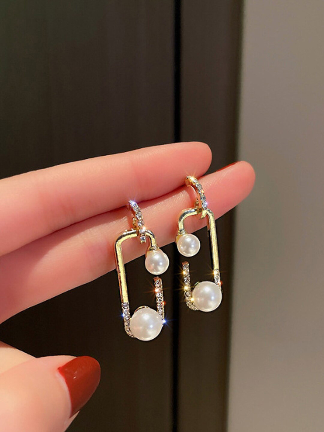 Krelin Gold Plated Pearl Beaded Rectangle Drop Earrings