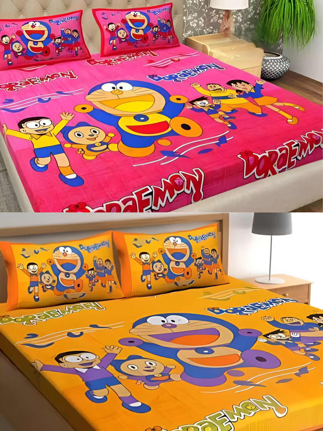 Runjhun Pink Cartoon Characters Cotton 144 TC Queen 2 Bedsheet with 4 Pillow Covers-100 x 90 inches