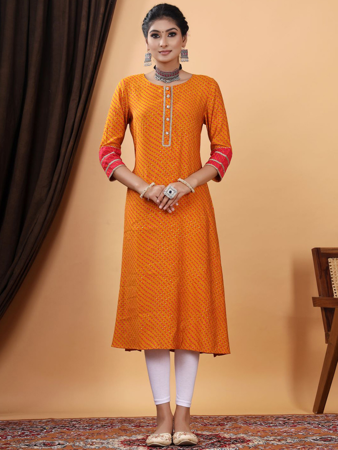 VASVI Striped Thread Work Silk A-Line Kurta
