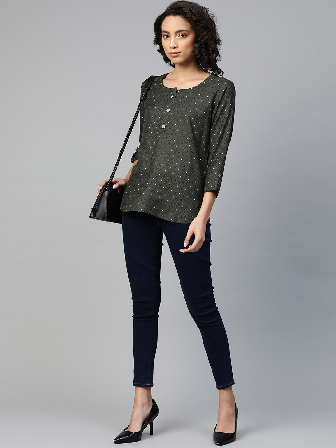 HIGHLIGHT FASHION EXPORT Geometric Print Roll-Up Sleeves Top