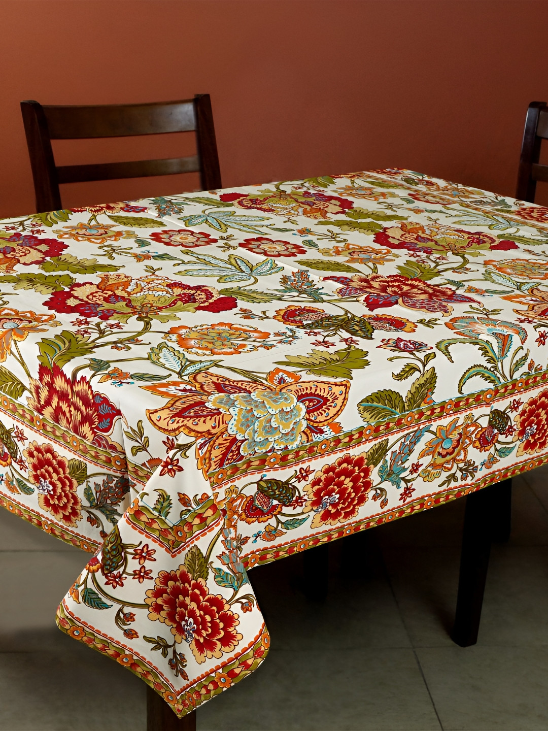 Ratan Cart Cream-Coloured Floral Cotton 6-Seater Table Cover