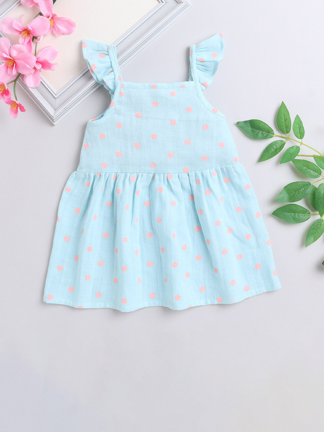 MANY FROCKS & Infant Girls Floral Printed Ruffled Pure Cotton Fit & Flare Dress