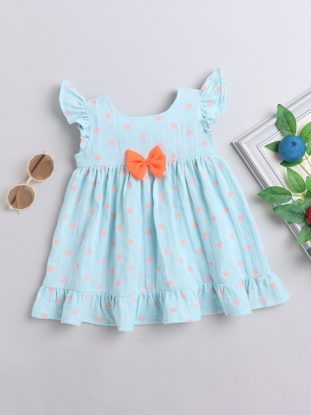 MANY FROCKS & Girls Print Round Neck Flutter Sleeve Fit & Flare Cotton Dress
