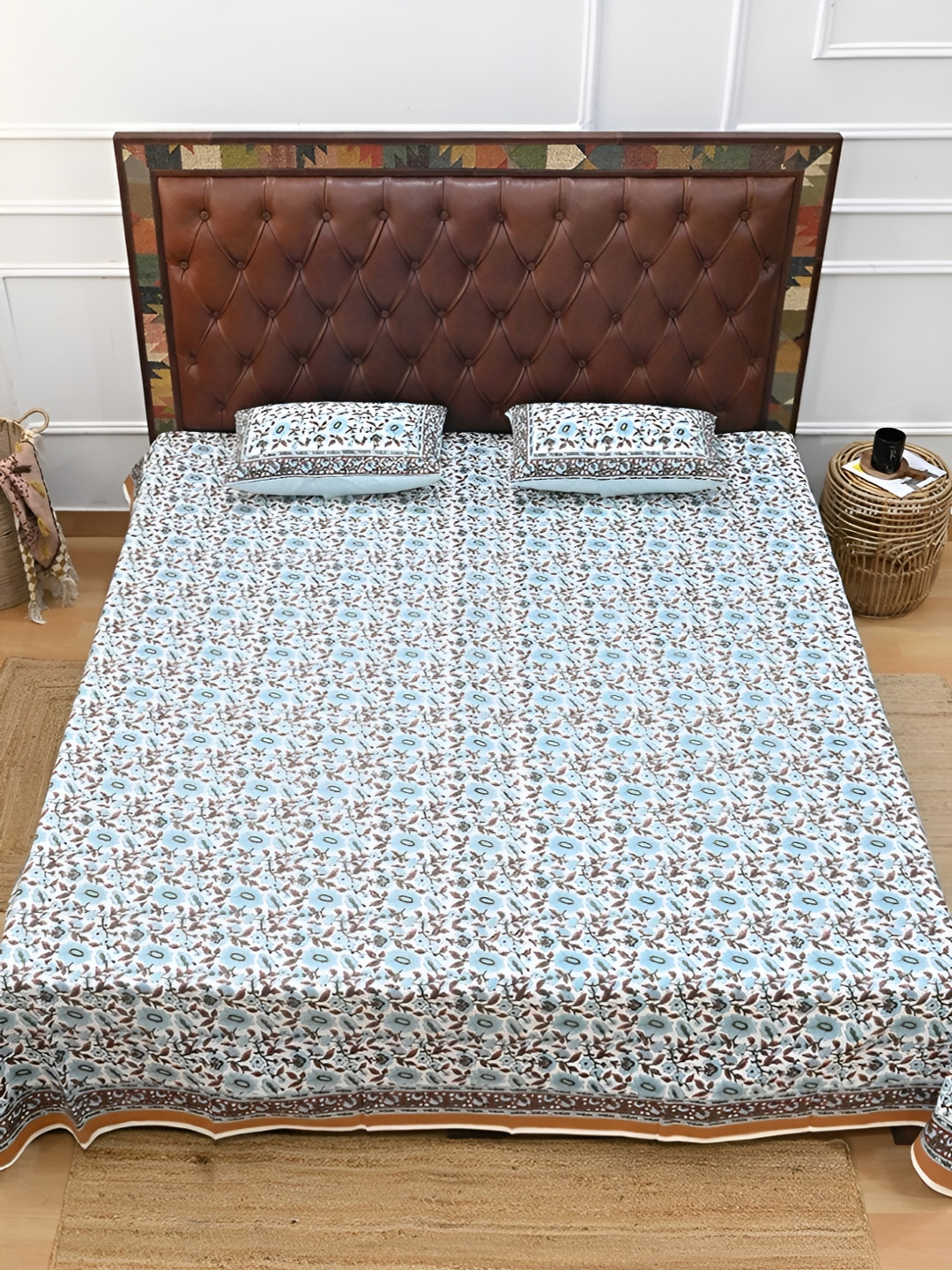 Art Avenue Tropicana Blue Floral Cotton 120 TC King Bedsheet with 2 Pillow Covers-108 x 108 inches