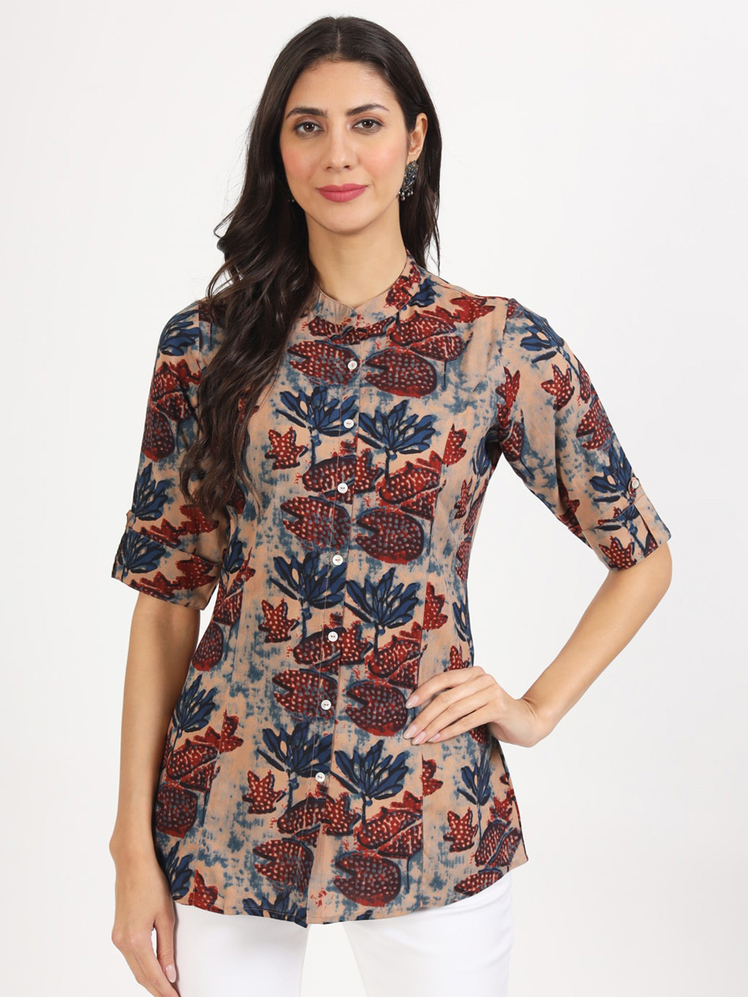 Divena Floral Printed Mandarin Collar Rayon Top