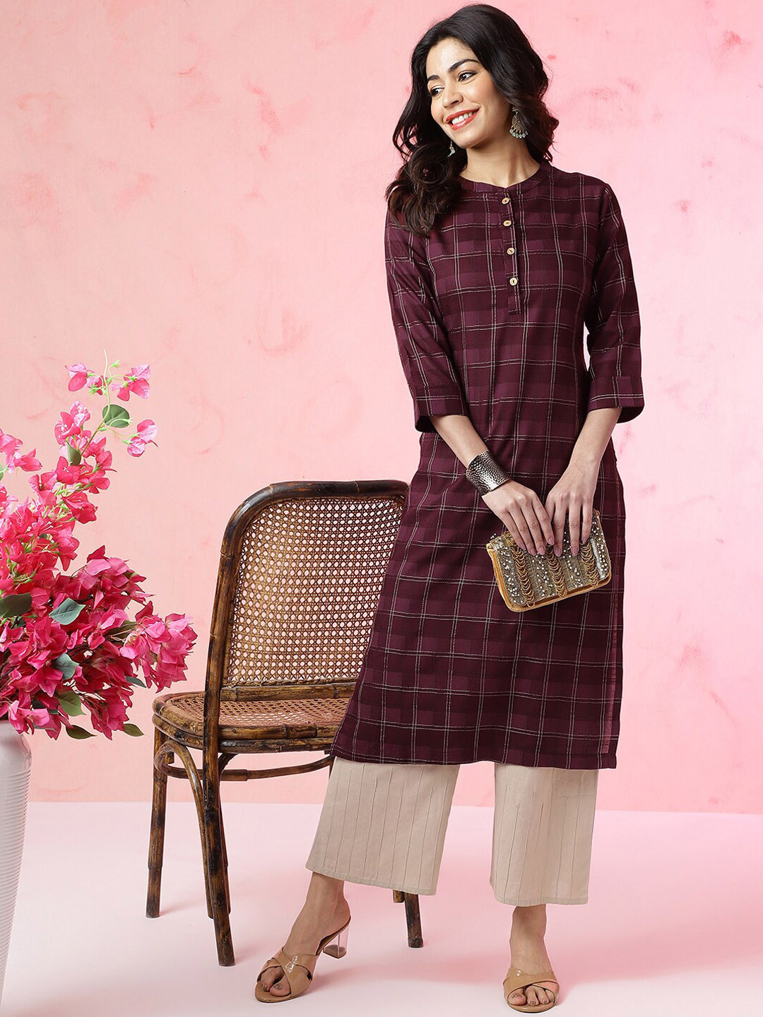 Anouk Checked Thread Work Mandarin Collar Three-Quarter Sleeves A-Line Kurta