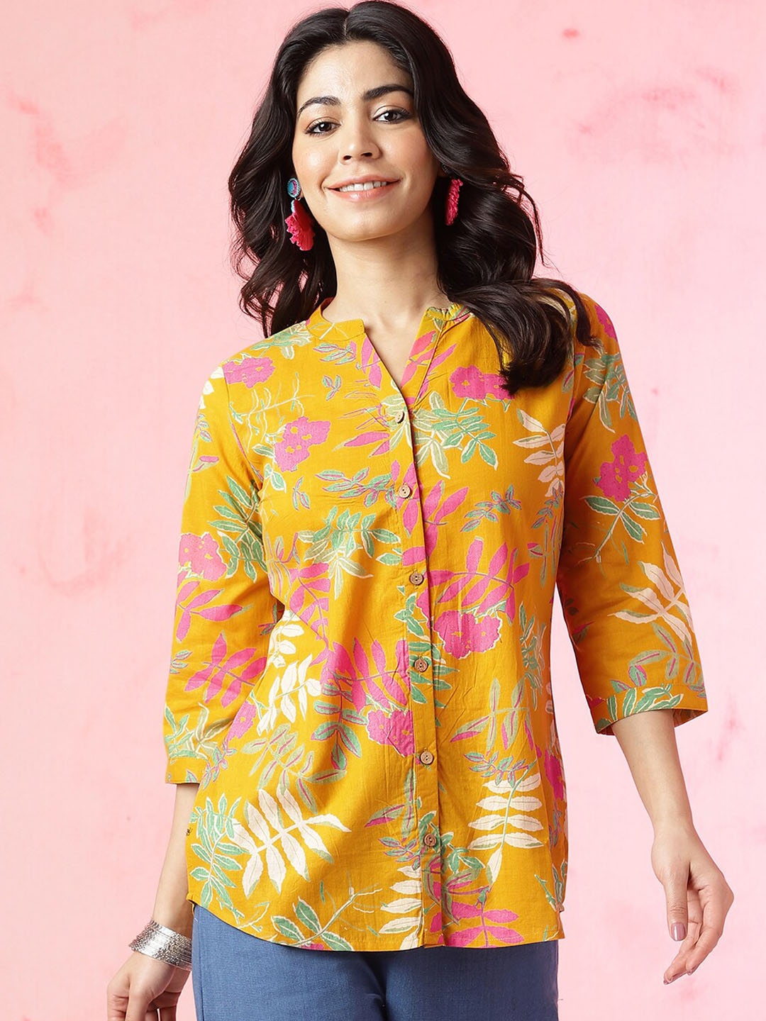 Buy Anouk Mustard Yellow Floral Printed Mandarin Collar Pure Cotton Top Tops for Women 27958190 Myntra