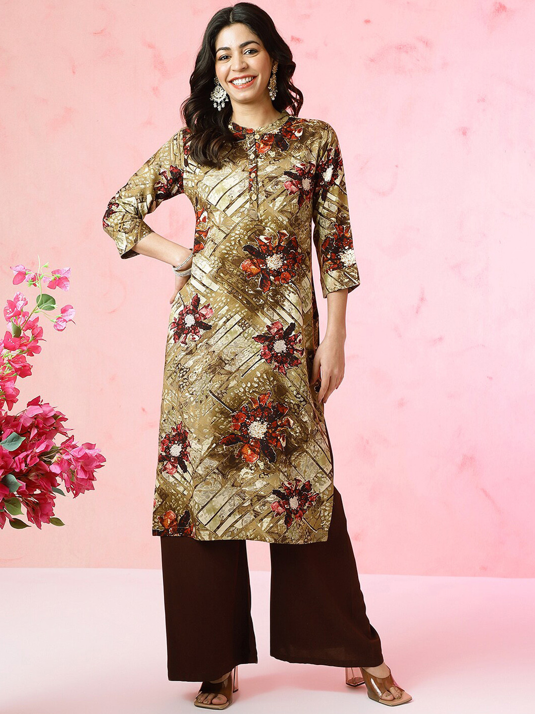 Anouk Khaki Floral Printed Band Collar Straight Kurta