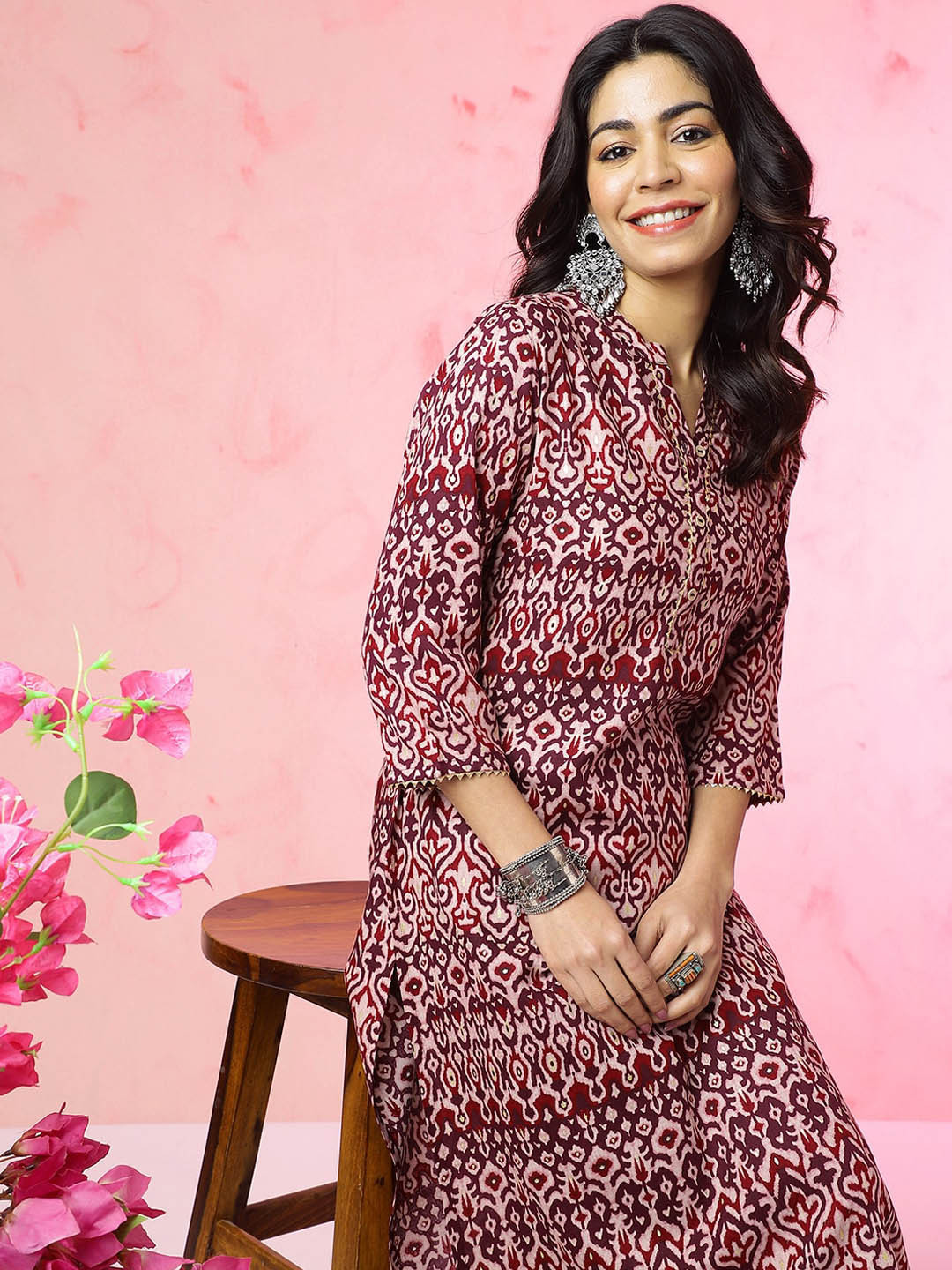Anouk X fwd Magenta Ethnic Motifs Printed Band Collar Ikat Straight Kurta