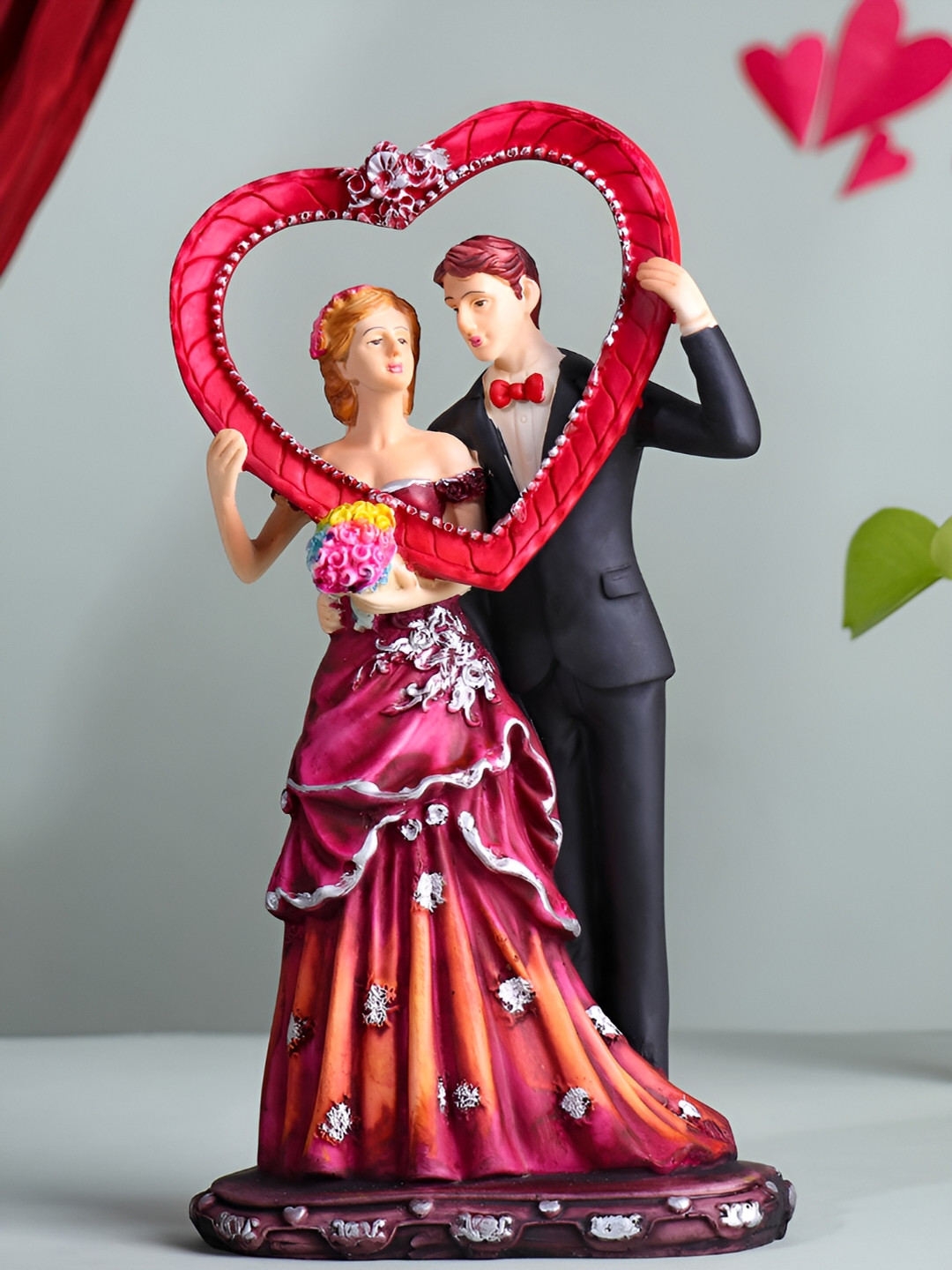 Floweraura Love Special Romantic Heart Pink Polyresin Glossy Living Room Medium Showpiece - 11 Inches