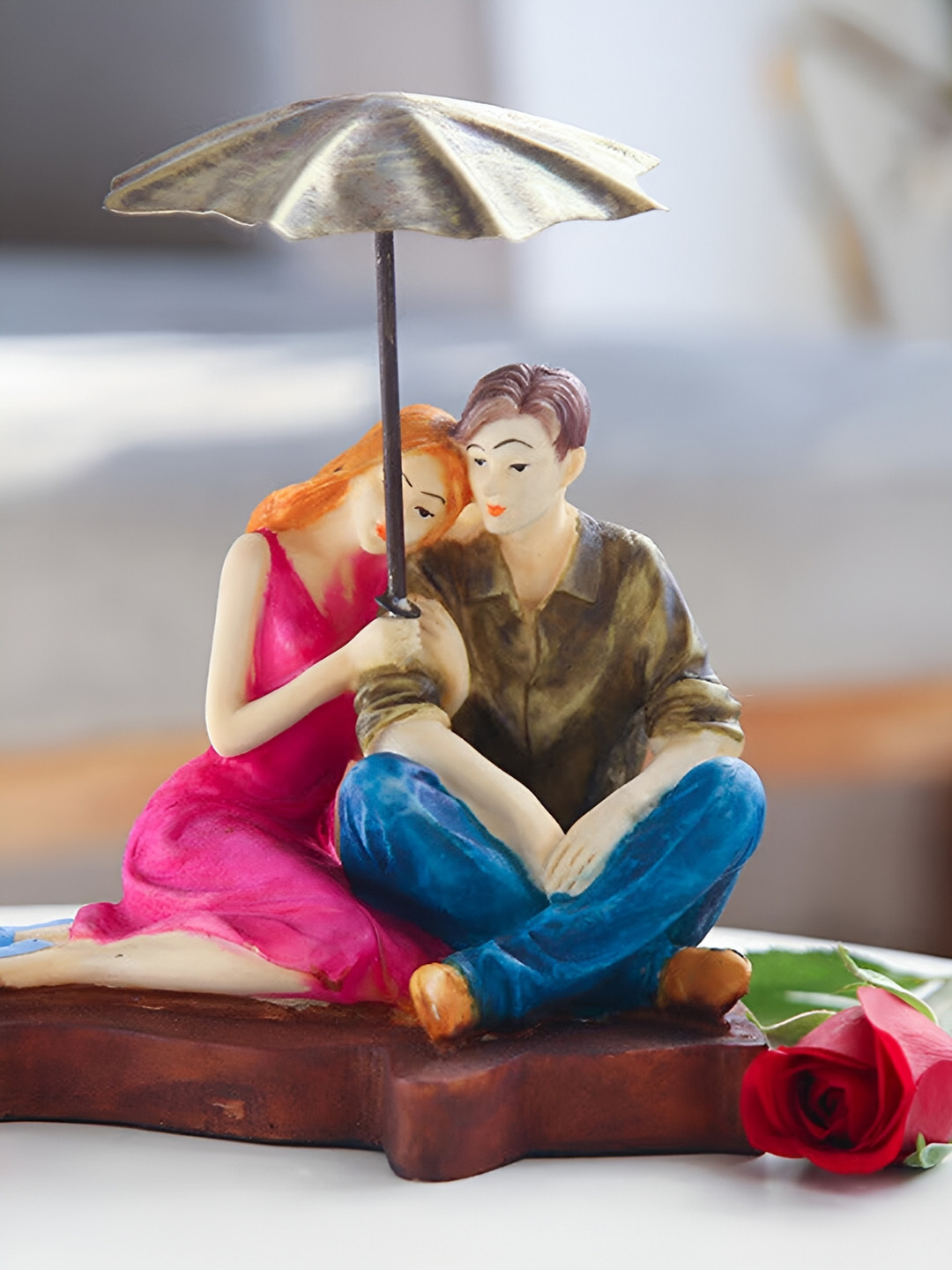 Floweraura Mushy Umbrella Couple Pink Polyresin Matte Living Room Medium Showpiece - 3.9 Inches