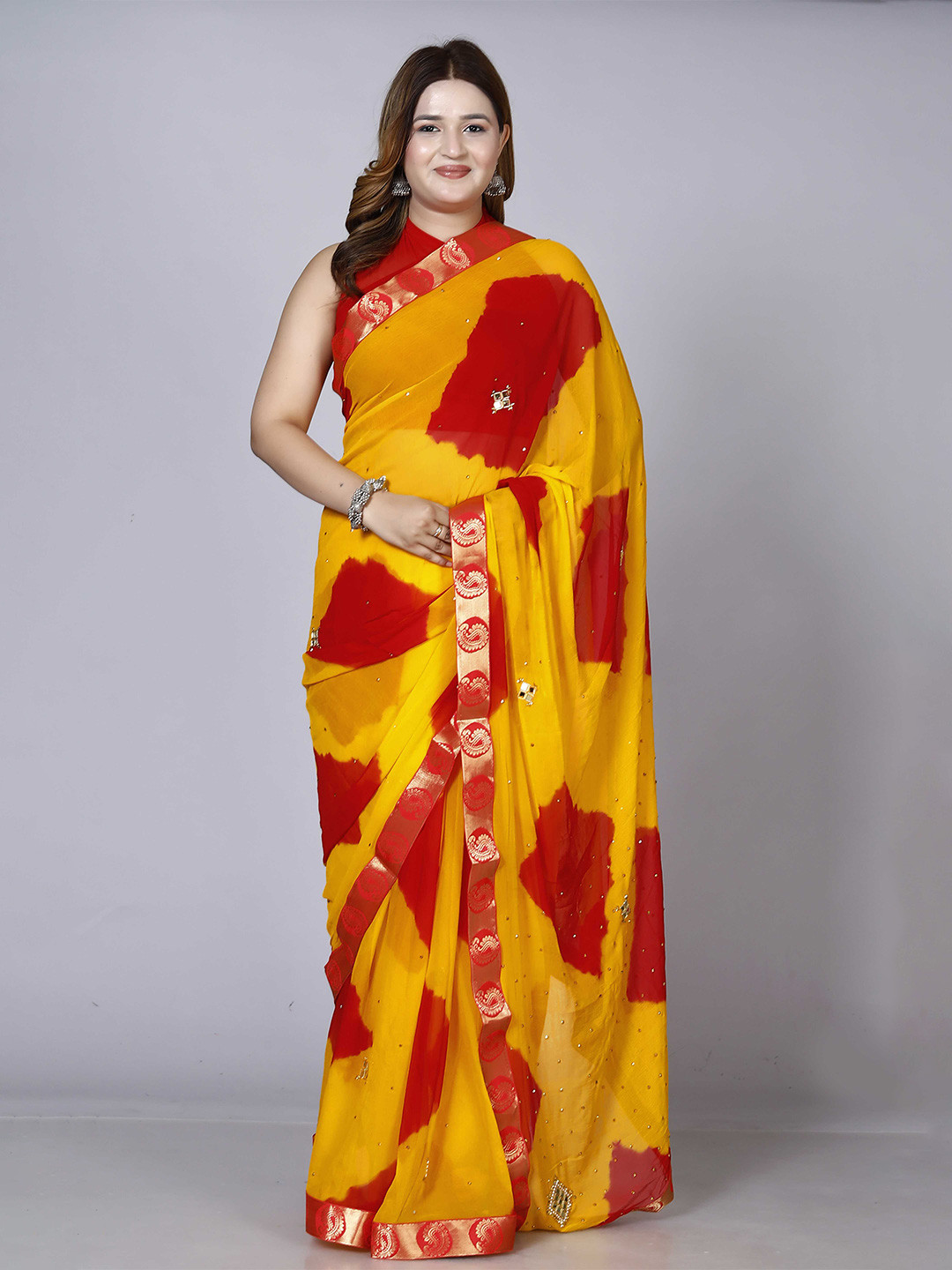 RGF Beads and Stones Pure Chiffon Bandhani Saree