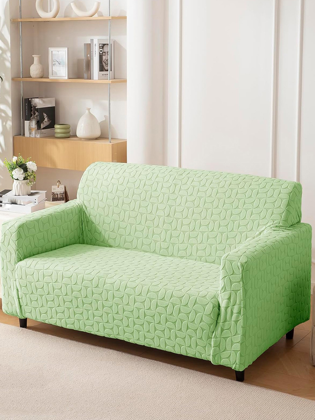 HOUSE OF QUIRK Green Jacquard 1 Piece Triple Seater Sofa Cover With Arms