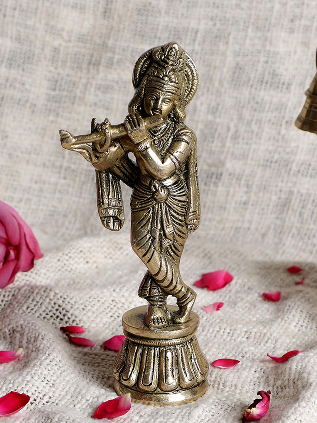 Two Moustaches Krishna Playing Flute Gold Brass Metallic Prayer Room Medium Showpiece - 6.9 Inches