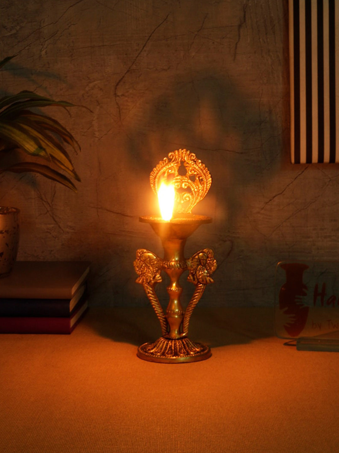 Two Moustaches Gold Toned Ethnic Twin Sided Peacock Design Brass Diya