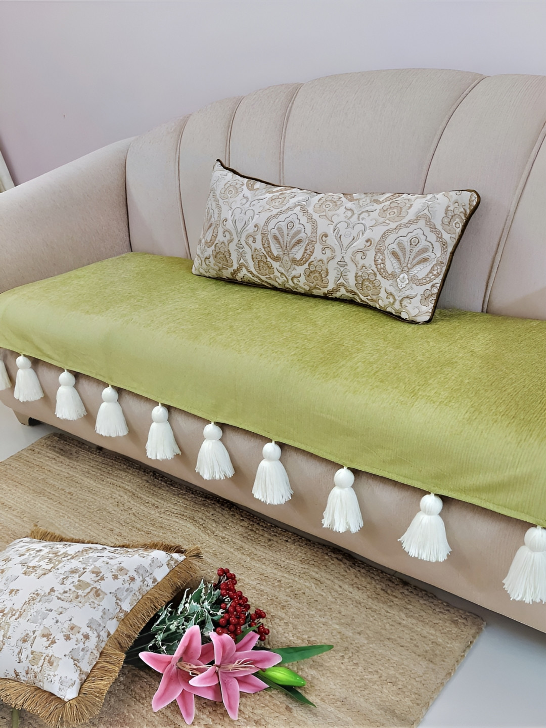 THROWPILLOW Olive Green & White 3 Seater Sofa Cover