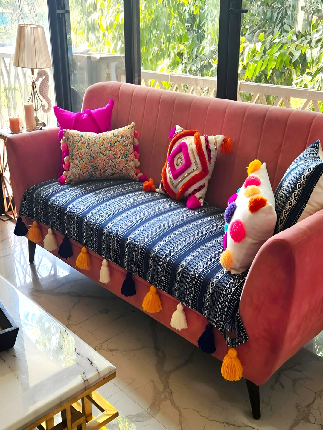 THROWPILLOW Blue & White Printed 3 Seater Sofa Cover