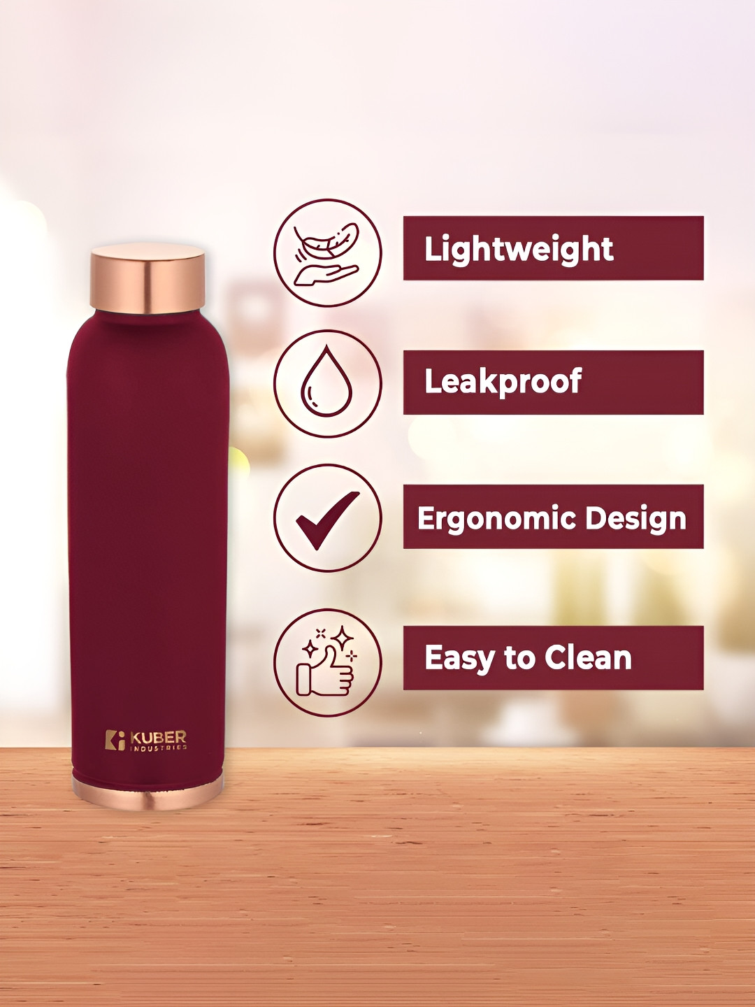 Kuber Industries Maroon Brand Logo Copper Spill Proof 2 Piece Water Bottle - 950ml