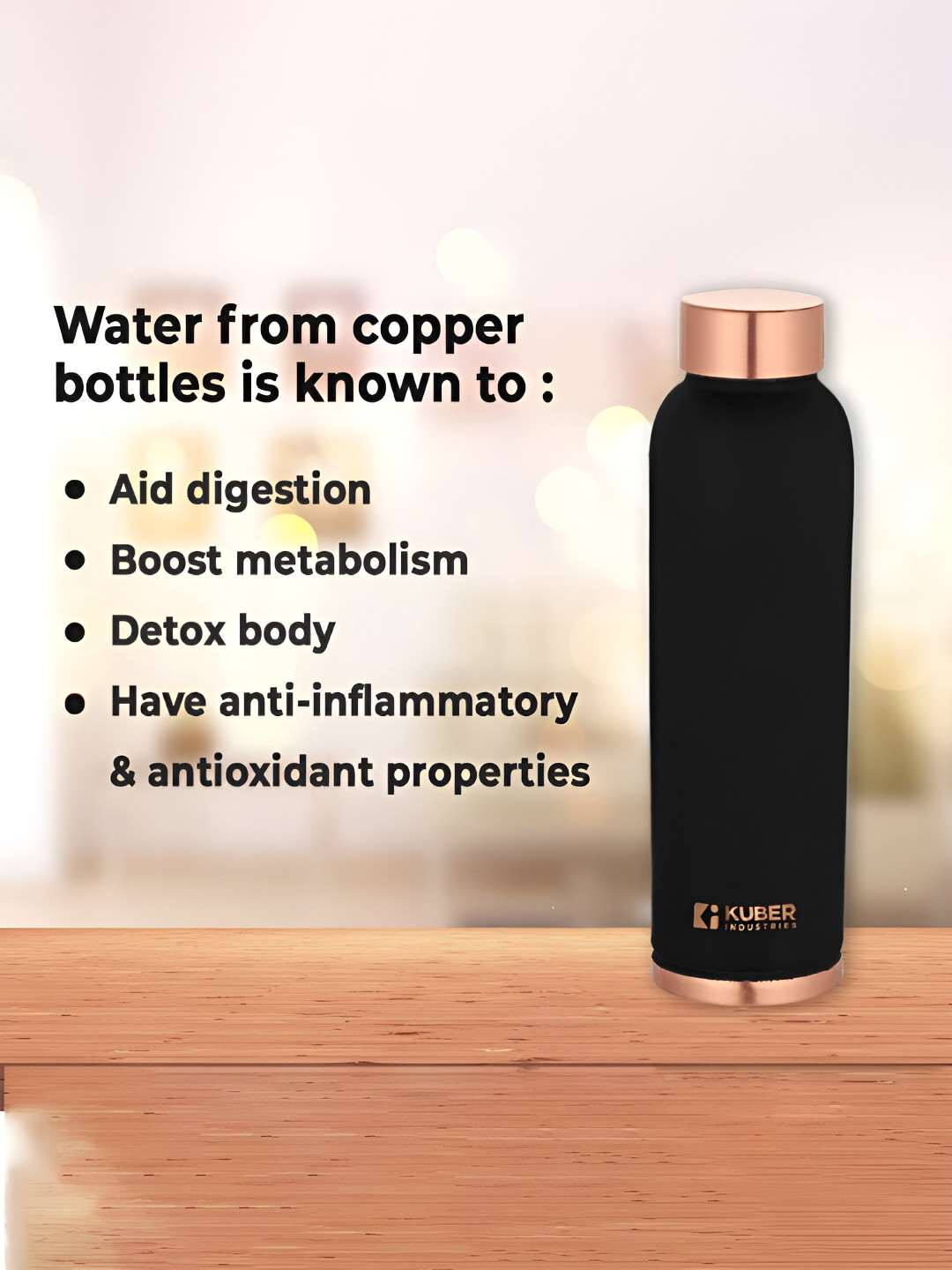 Kuber Industries Black Brand Logo Copper Spill Proof 4 Piece Water Bottle - 950ml