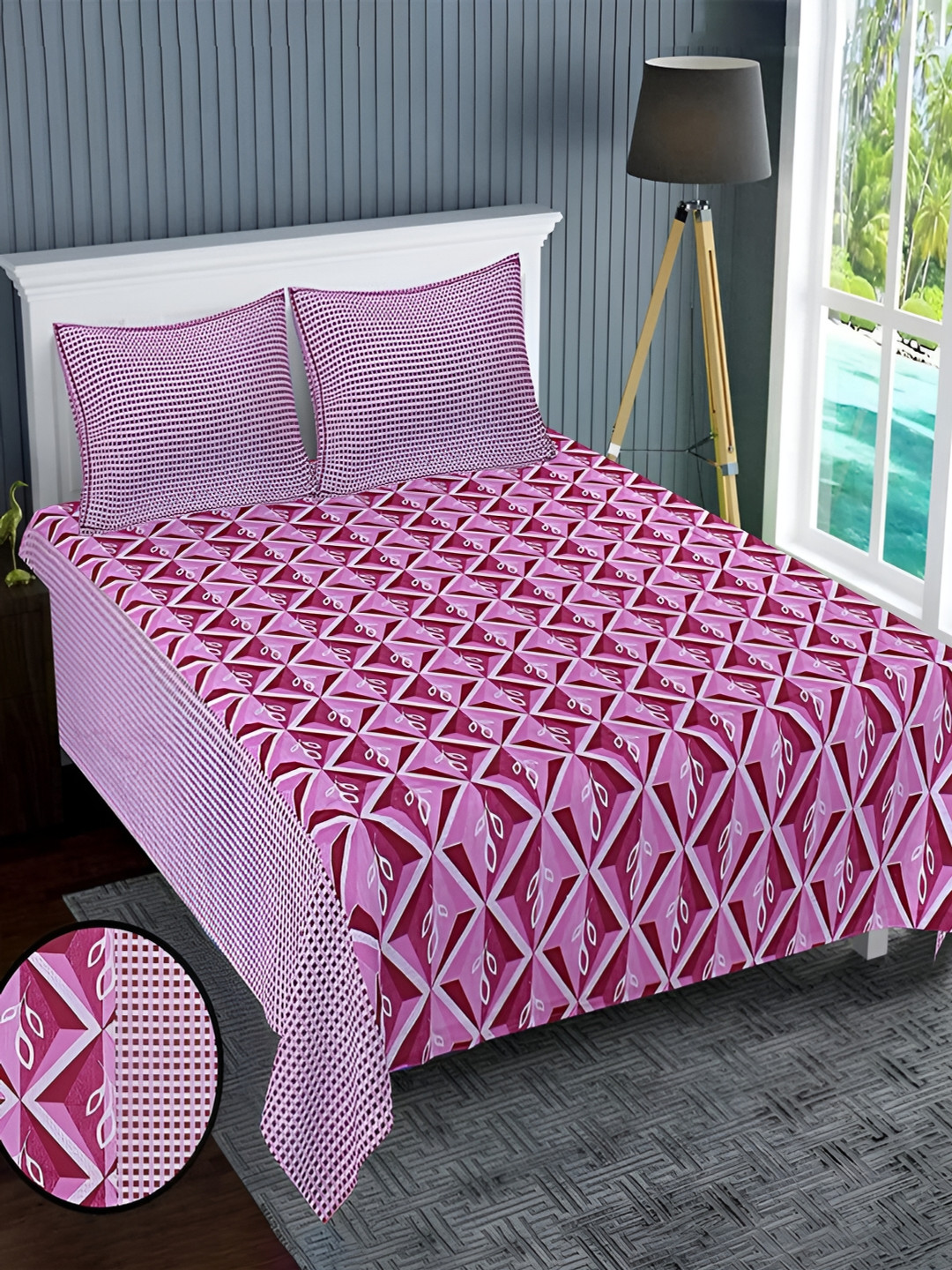 Kuber Industries Kalindi Jaal Purple Geometric Polycotton 300 TC Queen Fine Bedsheet with 2 Pillow Covers-240 x 225 cm