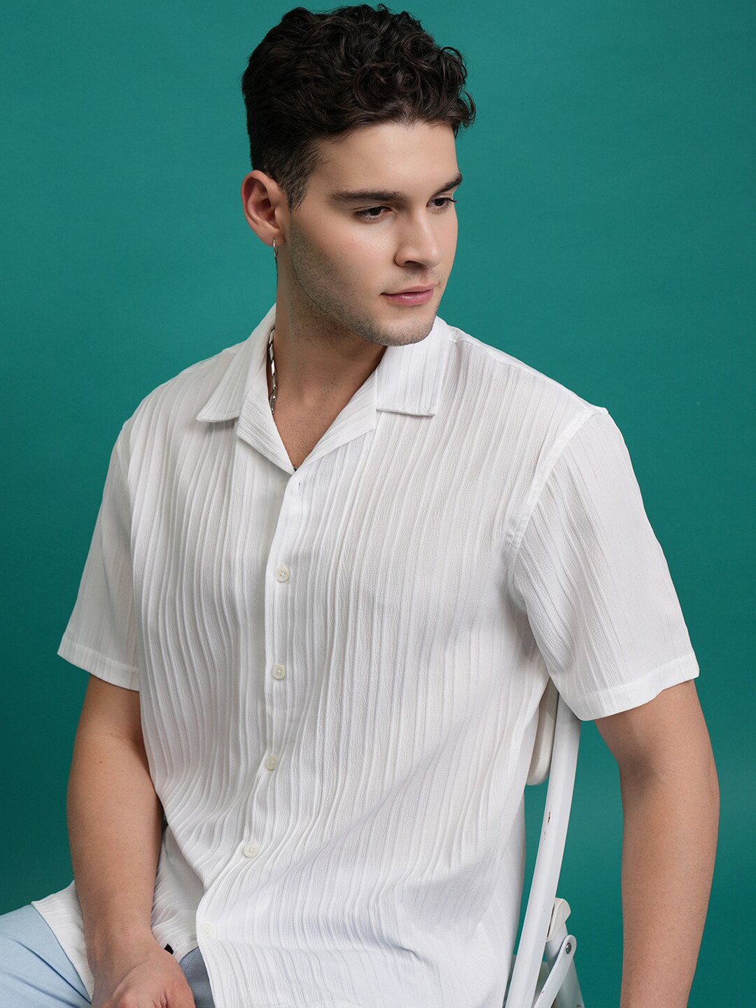 Highlander Men Jrd Textured Striped Cuban Collar Oversized Shirt