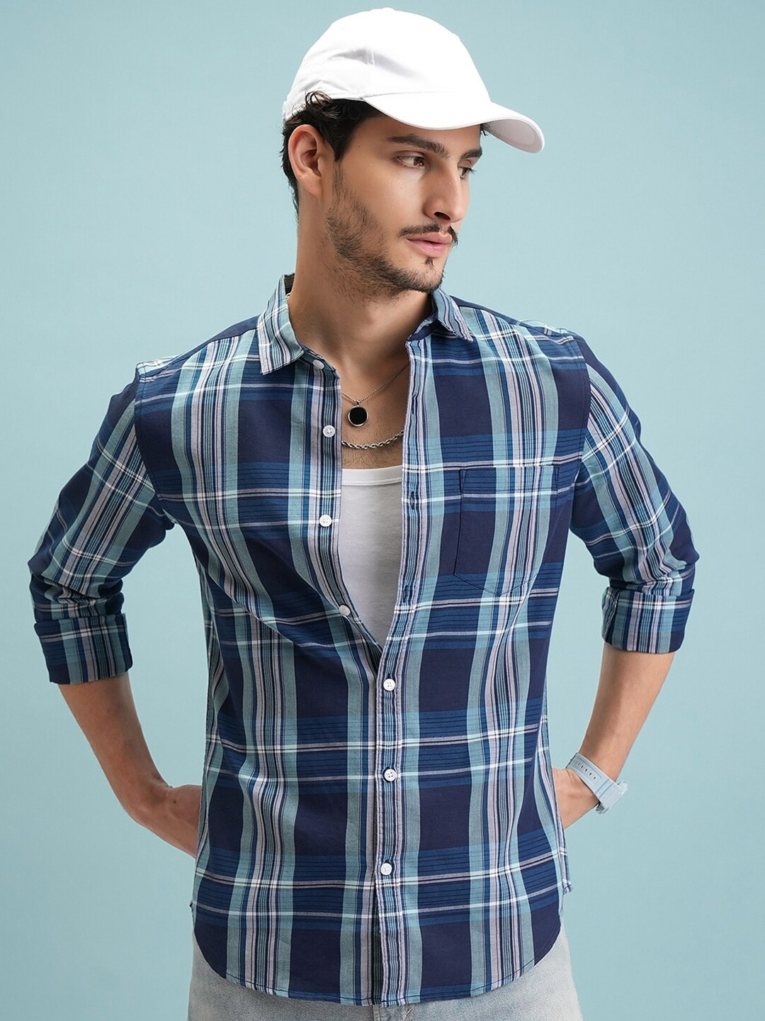 Highlander Men Dobby Textured Checked Utility Pocket Overshirt