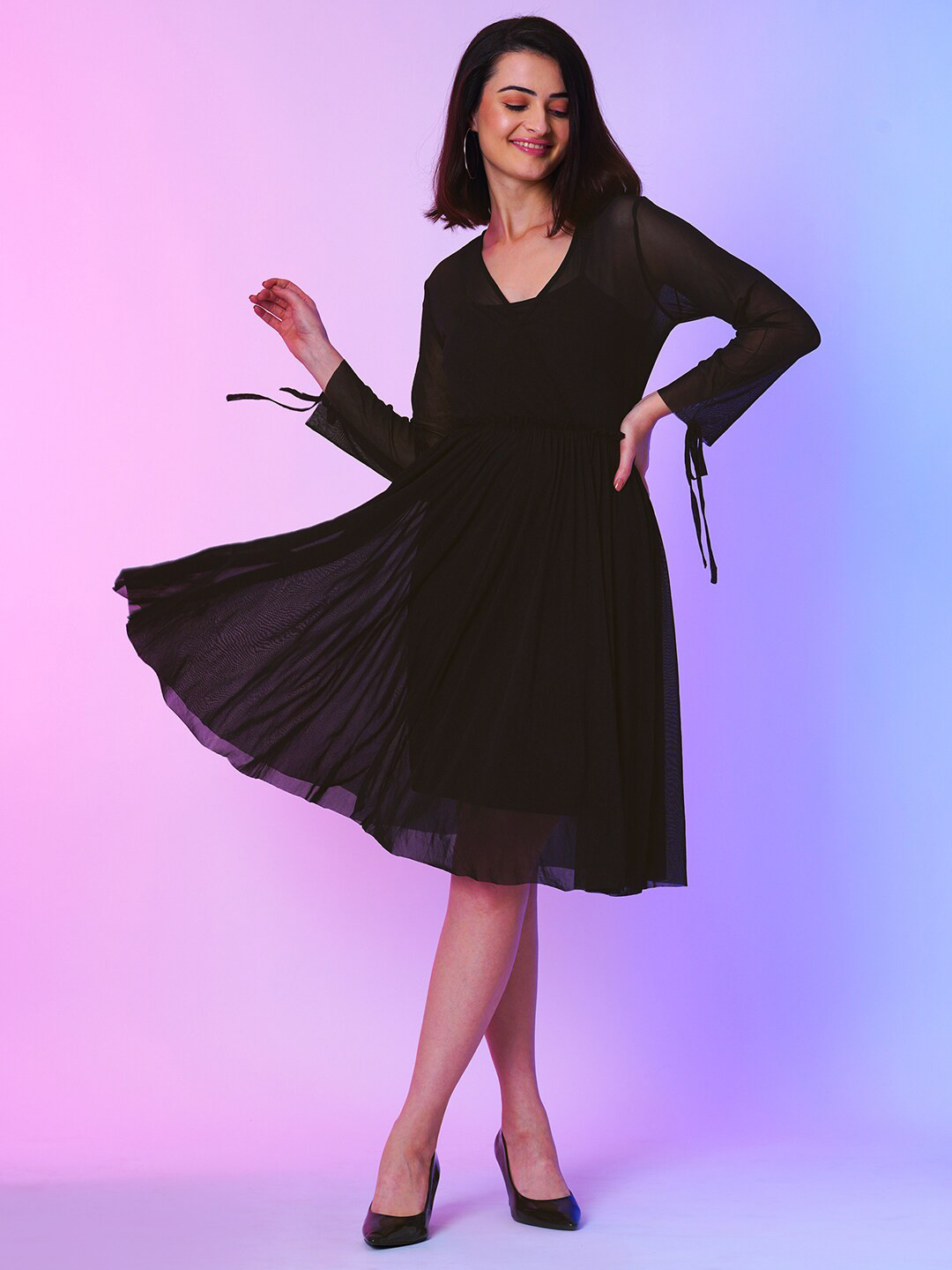 Globus Black V-Neck Gathered Net Fit & Flare Front Wrap Dress With Inner