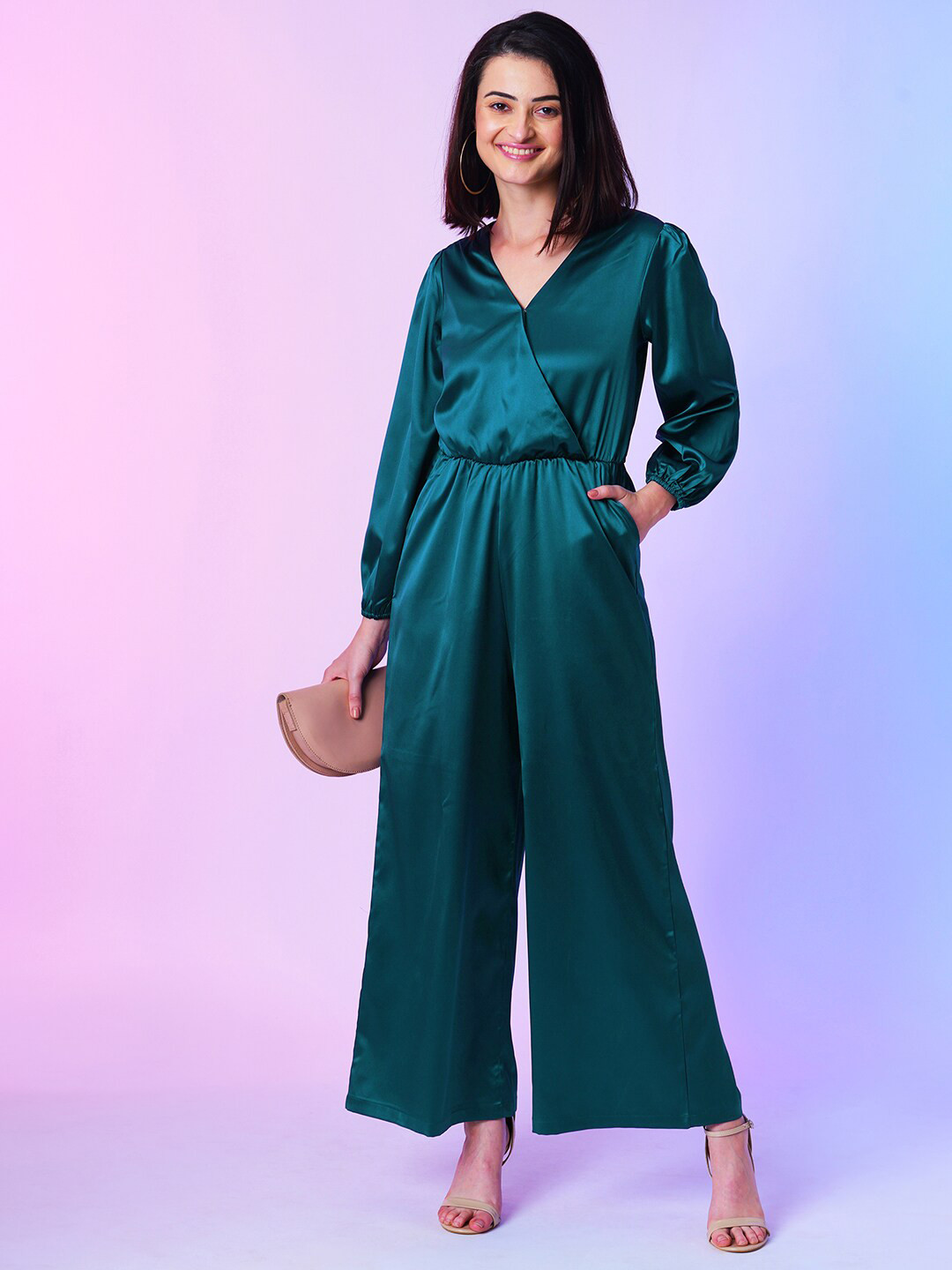 Globus Teal Green Wrap Neck Wide-Leg Party Jumpsuit