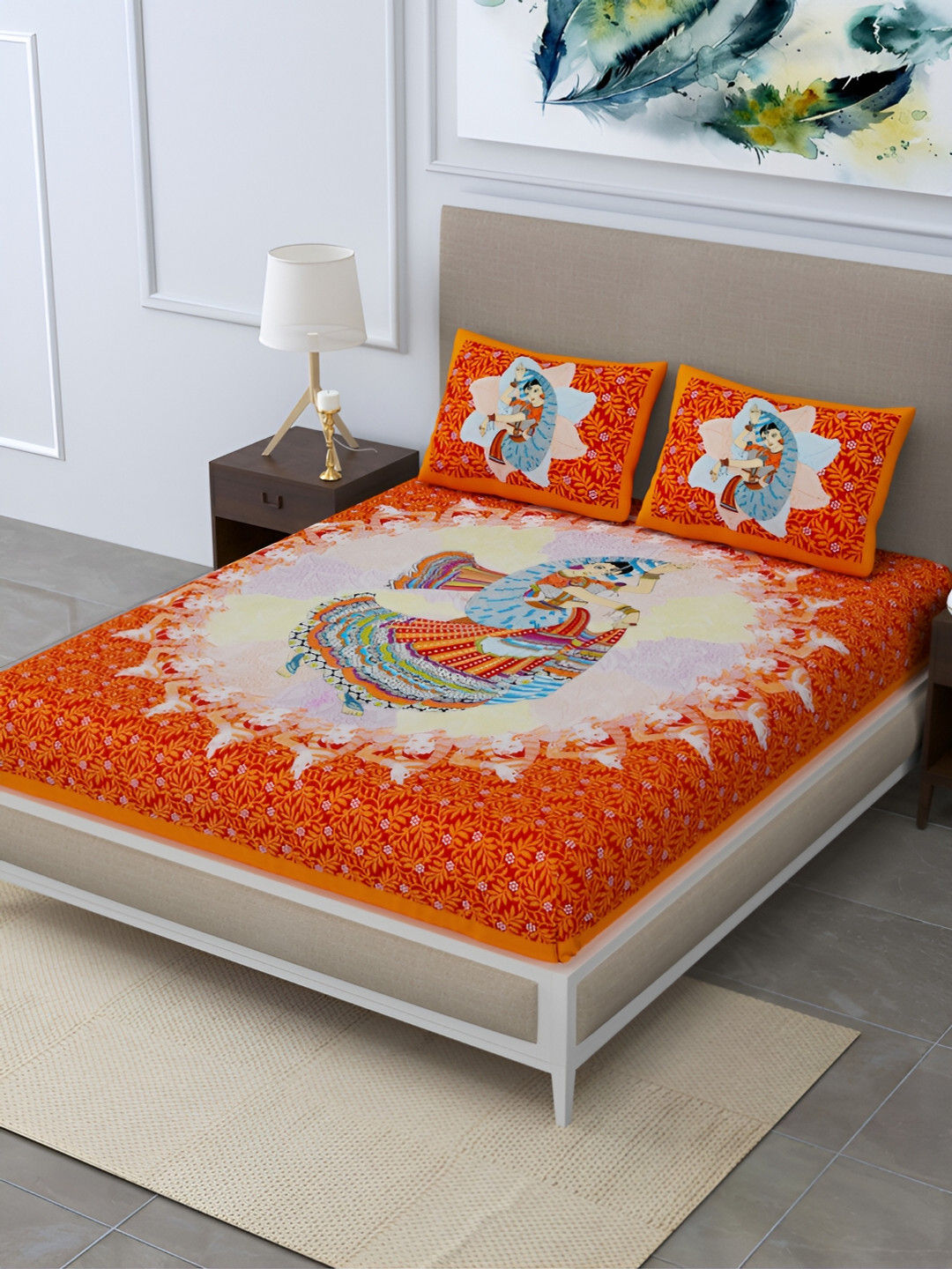 POORAK Majestic Orange Ethnic Motifs Cotton 104 TC Queen Coarse Bedsheet with 2 Pillow Covers-90 x 100 inches