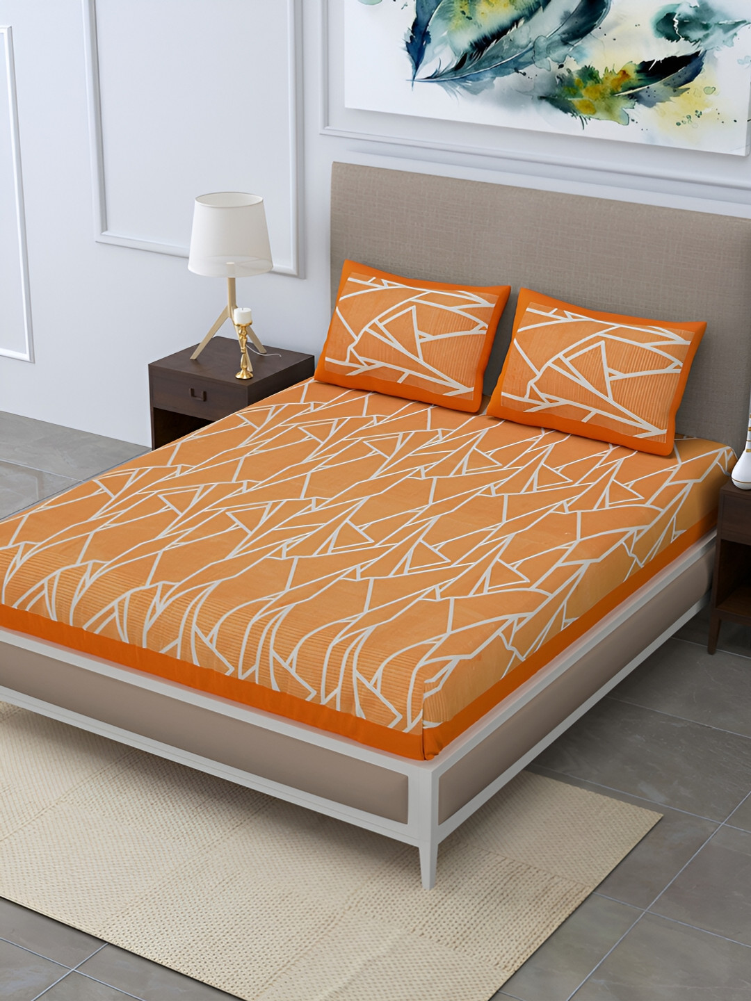 POORAK Orange Abstract Pure Cotton 104 TC Queen Coarse Bedsheet with 2 Pillow Covers-228 x 254 cm