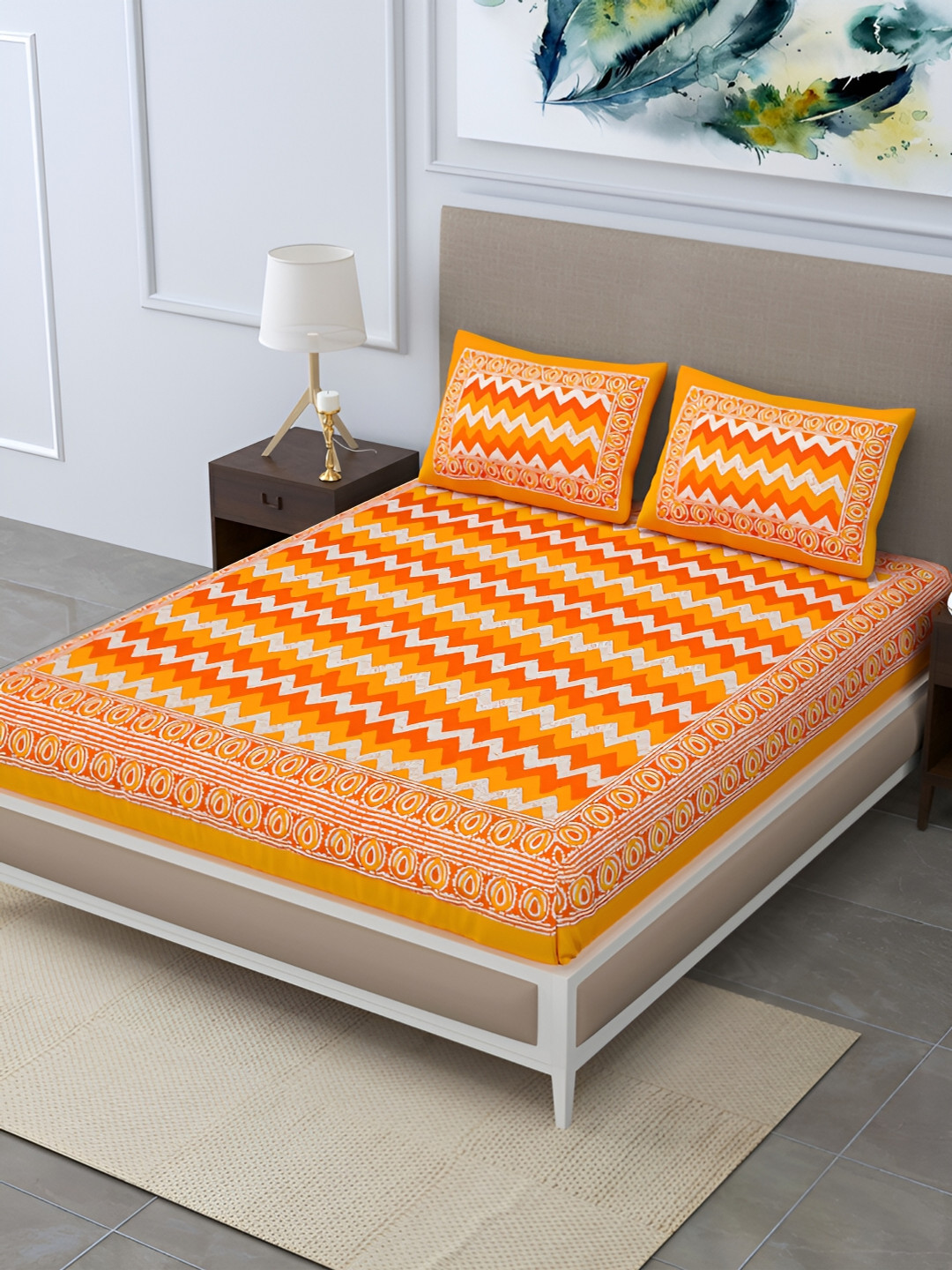 POORAK Orange Chevron Pure Cotton 104 TC Fitted Queen Bedsheet with 2 Pillow Covers-91 x 83 inches