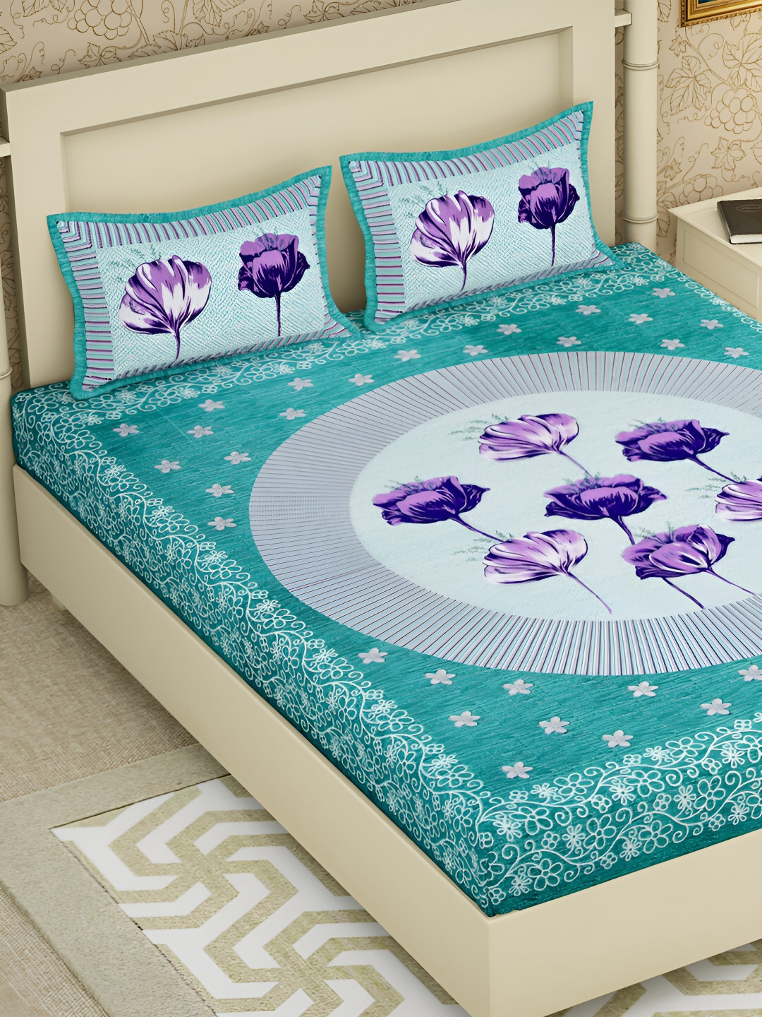 POORAK Purple Floral Pure Cotton 104 TC Fitted Queen Coarse Bedsheet with 2 Pillow Covers-100 x 90 inches