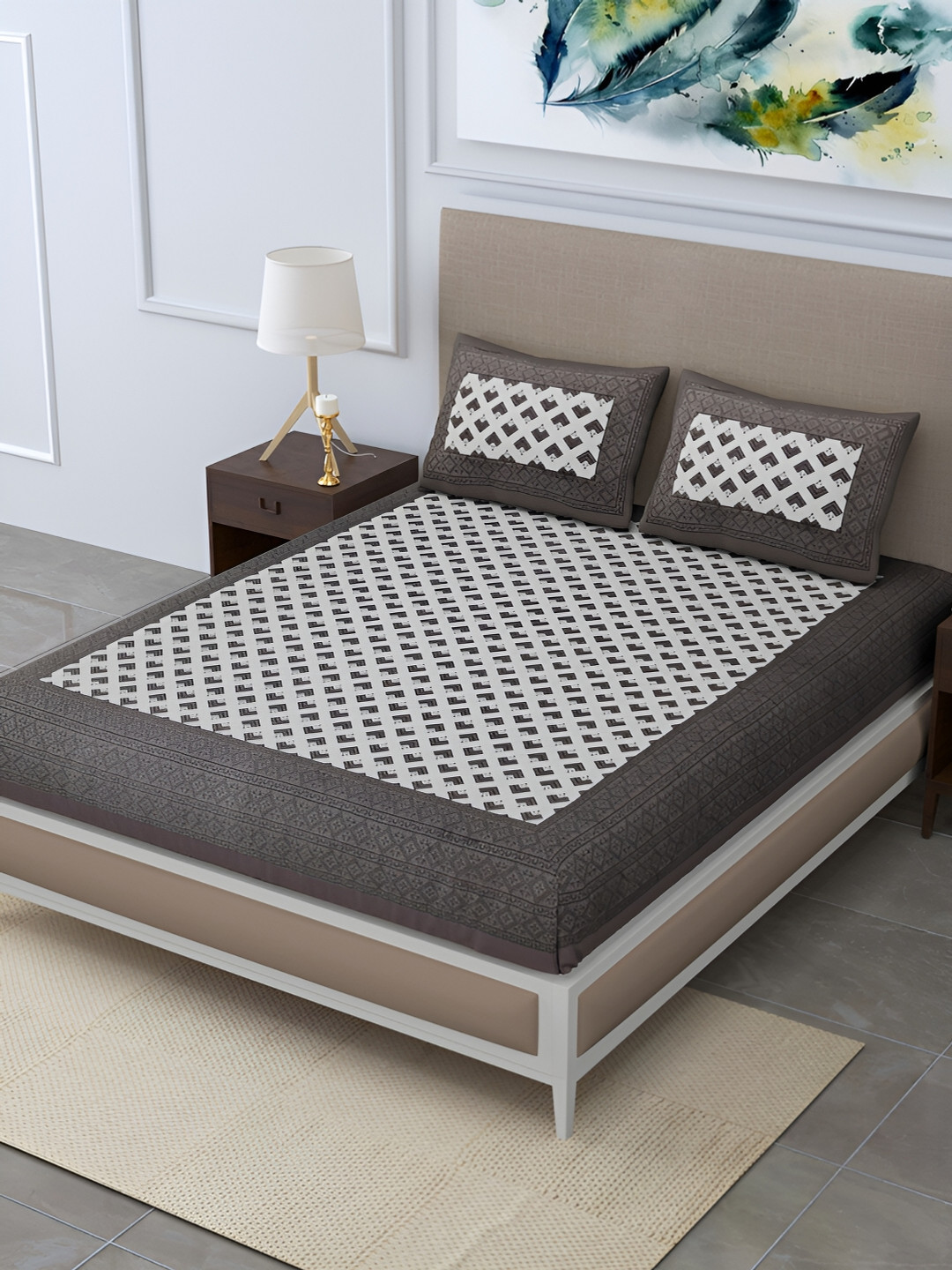 POORAK Grey Geometric Cotton 104 TC Queen Coarse Bedsheet with 2 Pillow Covers-98 x 89 inches